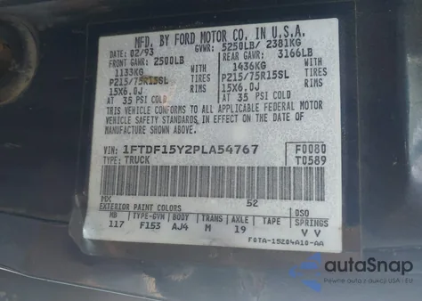 1993 Ford F150 from USA, damaged, VIN 1FTDF15Y2PLA54767